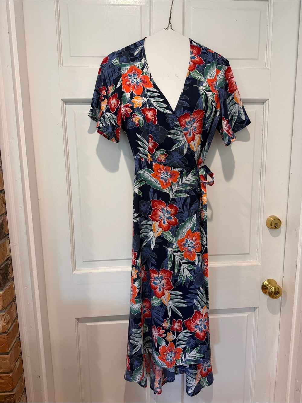 Navy Floral Wrap Midi Dress with Red & Green Print